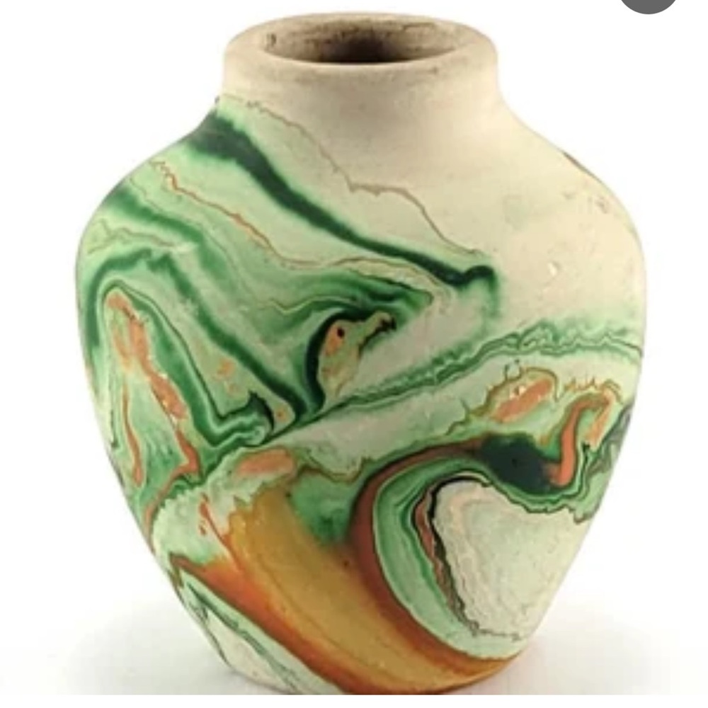 Vintage Nemadji Indian vase pottery marble pattern green orange handmade signed